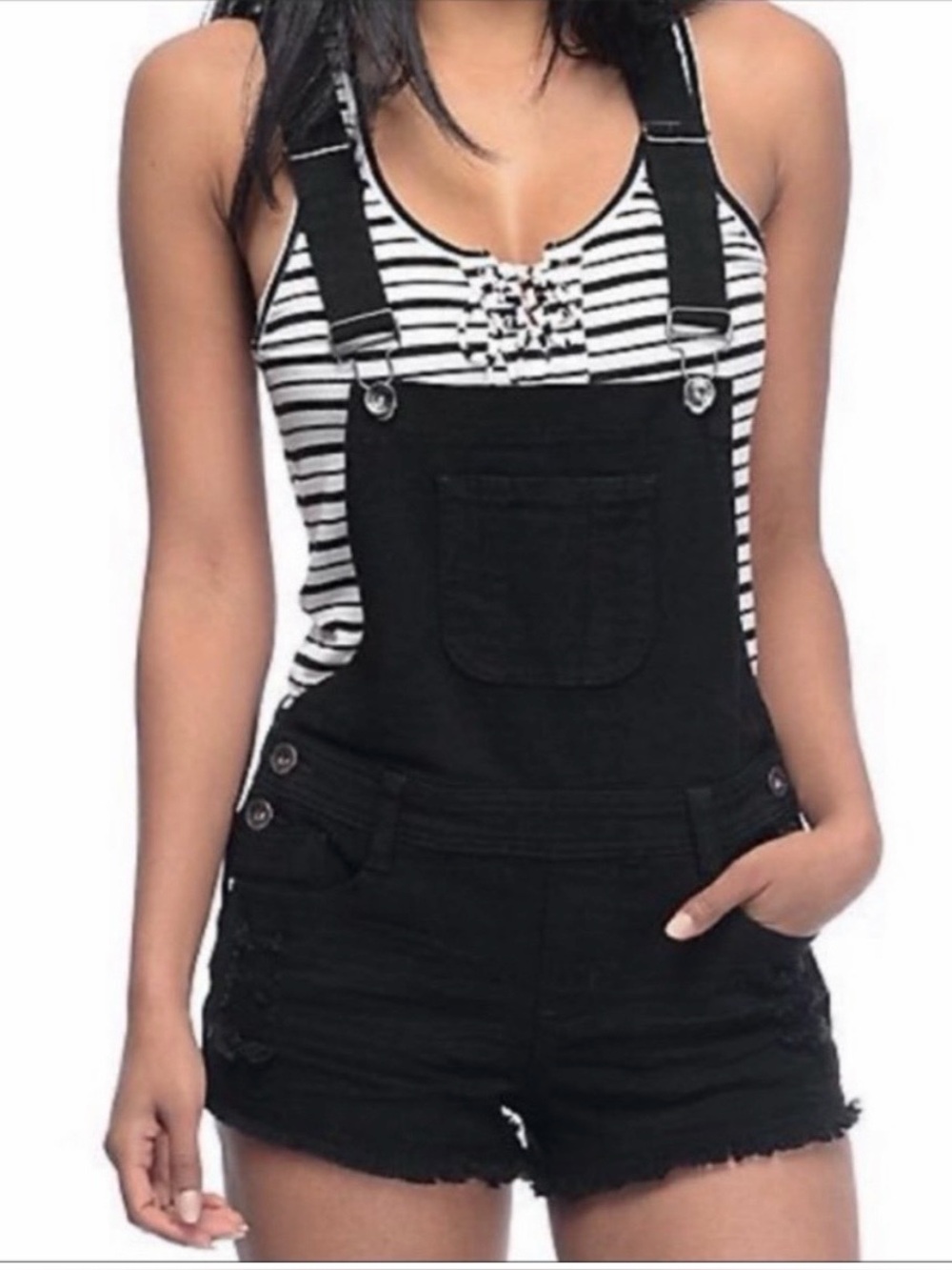 American Eagle Outfitters Black Distressed Denim Short Overalls